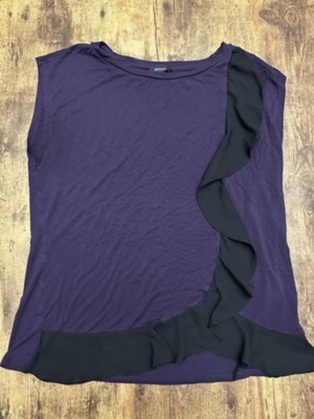 RW&CO. Purple Sleeveless Blouse with Black Cascading Ruffle Detail